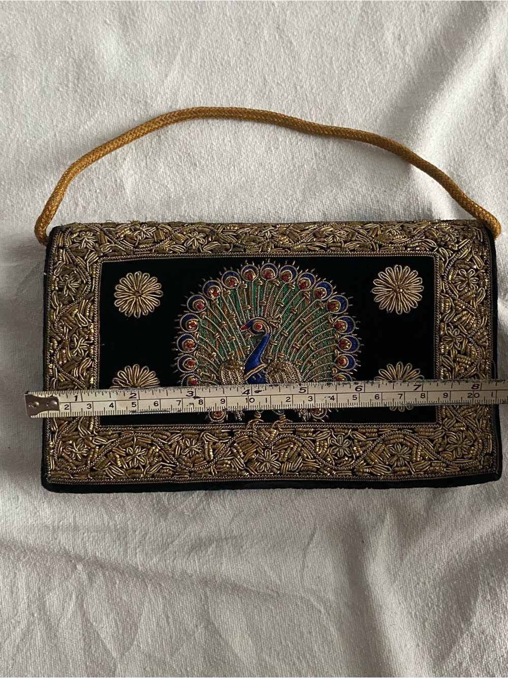 Embroidered Peacock Black Evening Clutch with Gold Accents Clutch Flawless Rare - Picture 13 of 15